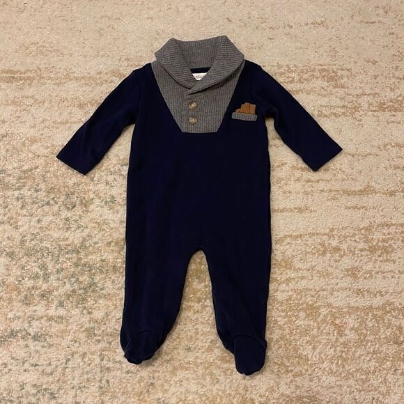 NWOT Miniclasix Navy Shawl Collar Footie Jumpsuit Romper Onesie 3 Months - Picture 1 of 4